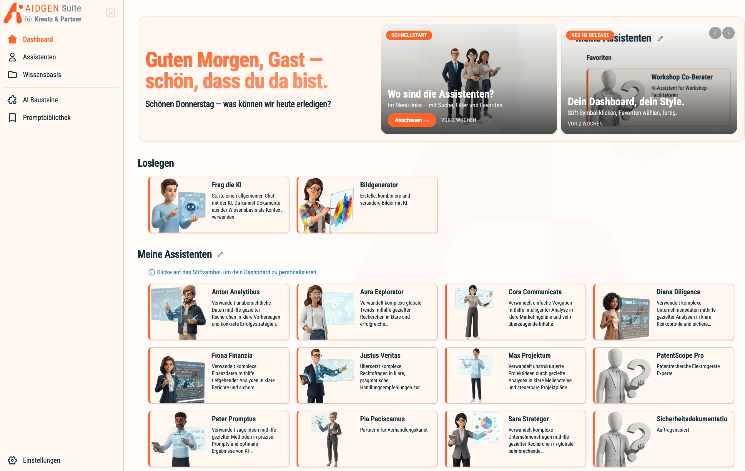 AIDGEN Suite Dashboard — KI-Assistenten, Wissensbasis und Promptbibliothek